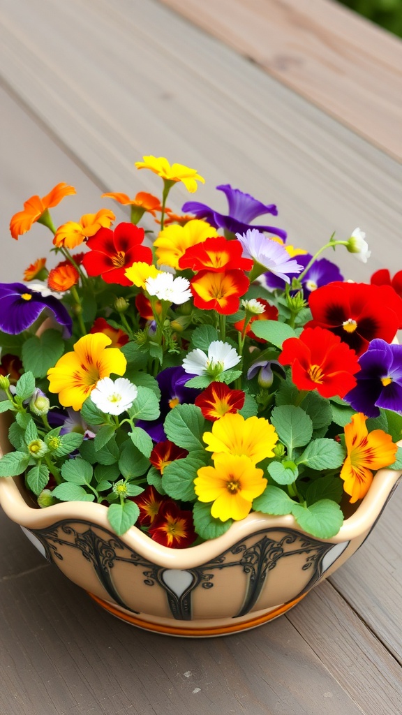 A colorful dish garden filled with edible flowers like pansies and nasturtiums in a decorative bowl.