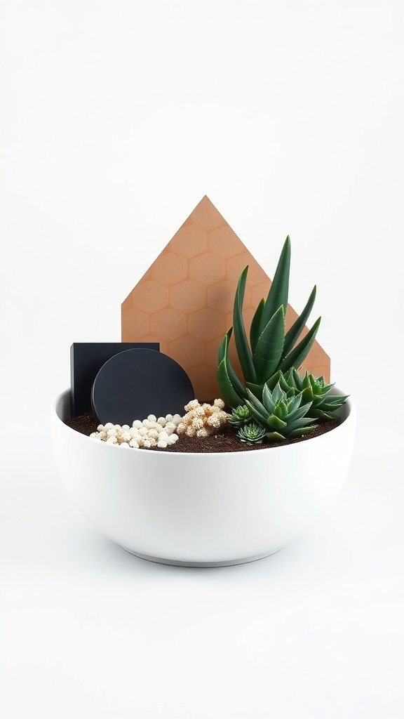 A modern minimalist dish garden featuring succulents in a white bowl with geometric elements.