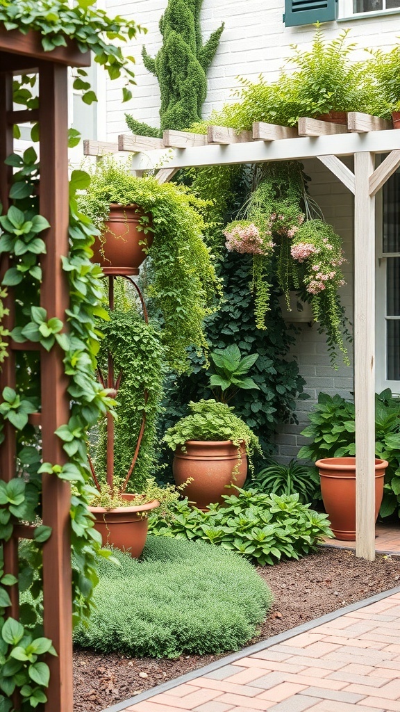 A front garden featuring vertical elements like a pergola, hanging plants, and a topiary.