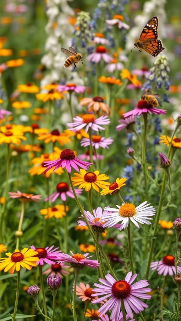 A colorful pollinator garden with flowers attracting bees and butterflies.