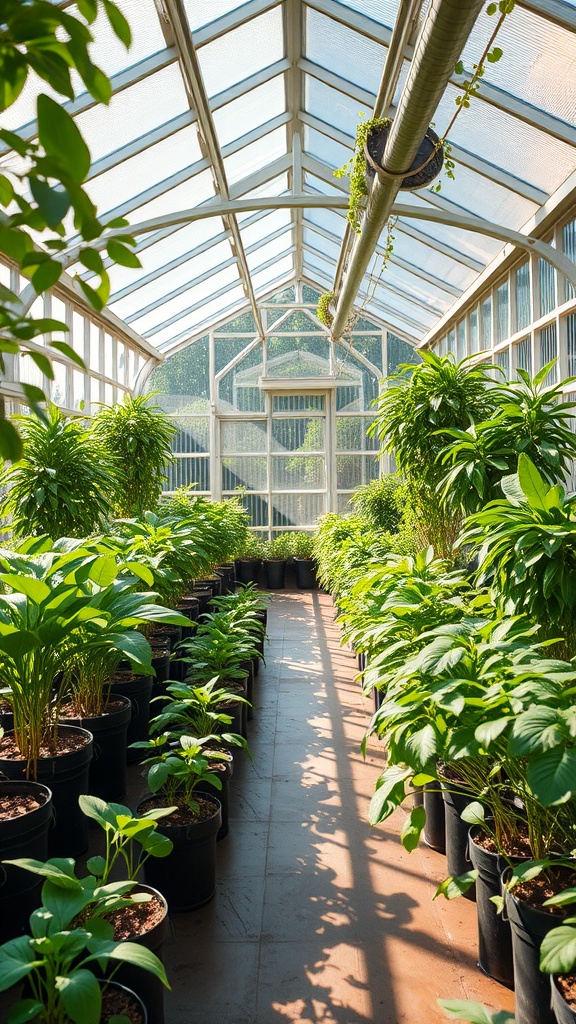 Interior view of a greenhouse filled with potted plants.