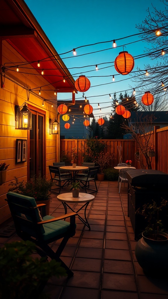 A small patio garden with string lights and lanterns creating a warm atmosphere.