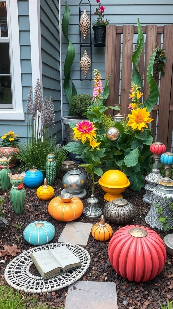 A vibrant side garden featuring colorful sculptures, a peacock statue, and lush greenery.