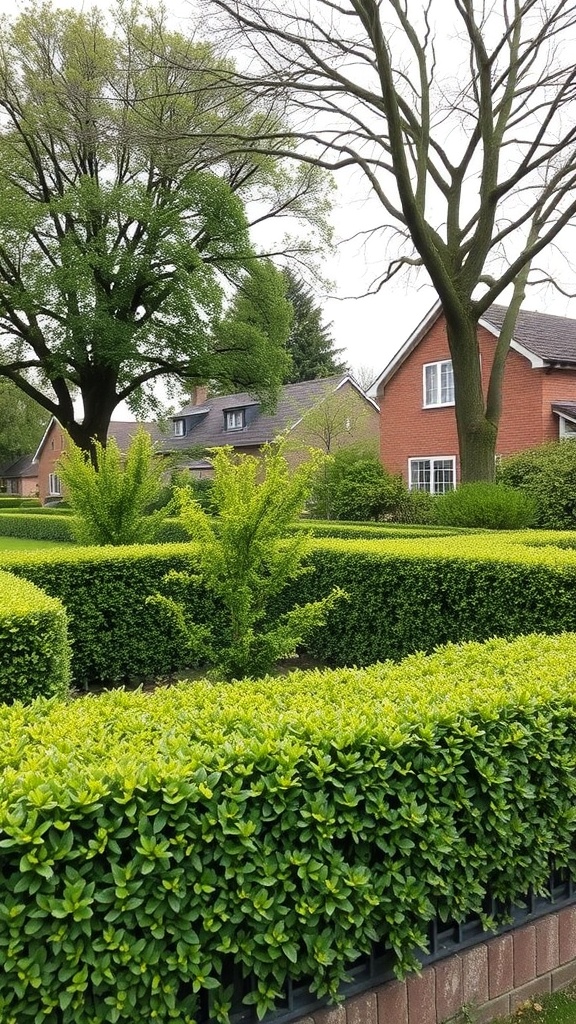A lush green hedge fence surrounding a garden with trees and houses in the background.
