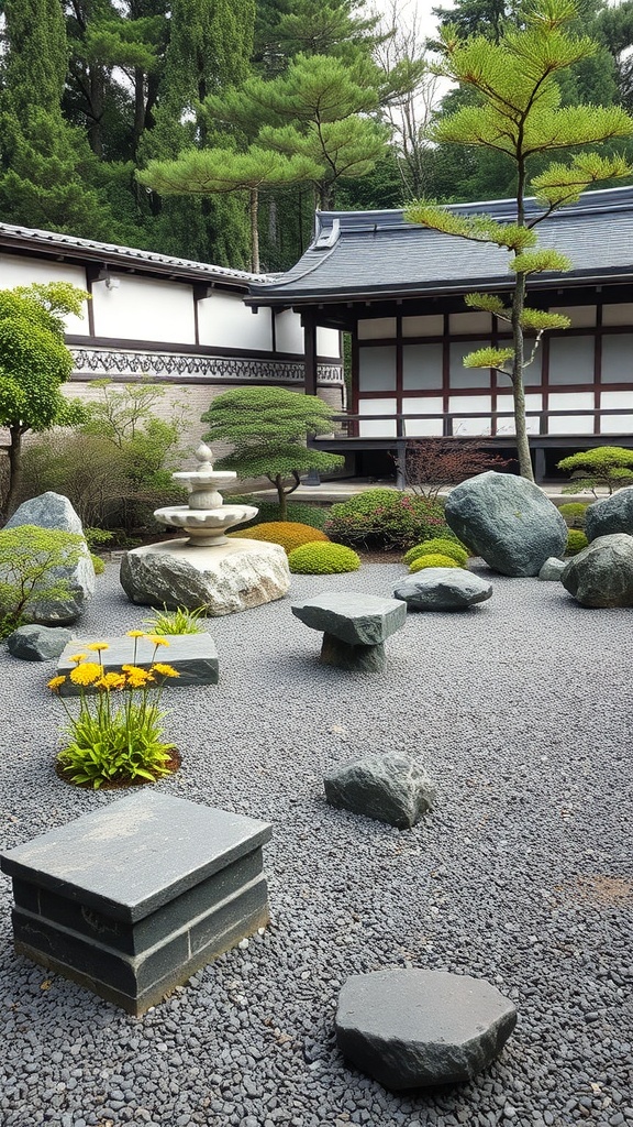 A serene Japanese garden featuring a fountain, rocks, and carefully arranged greenery.