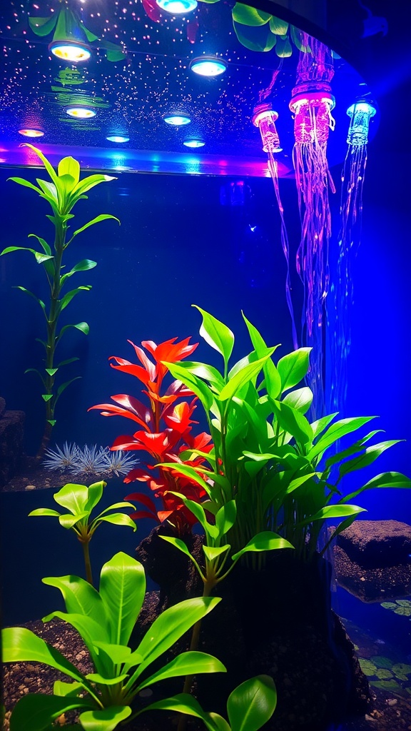 A vibrant indoor water garden with colorful LED lights illuminating green and red plants in dark water.