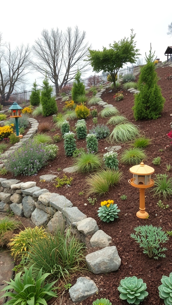 A sloped garden featuring various plants, a stone wall, and a bird feeder, creating a vibrant wildlife habitat.