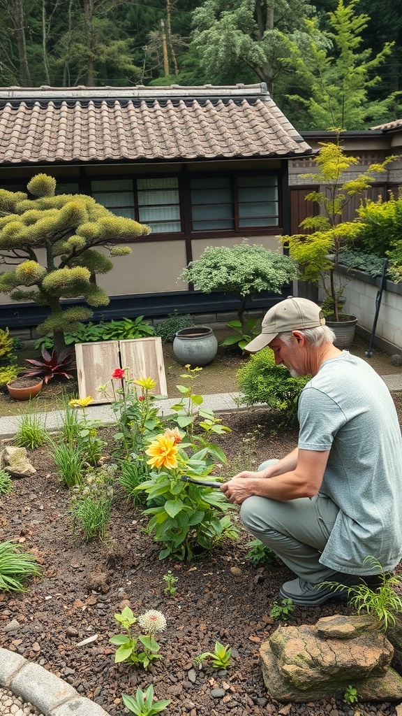 A person pruning flowers in a Japanese garden, surrounded by lush greenery and traditional architecture.