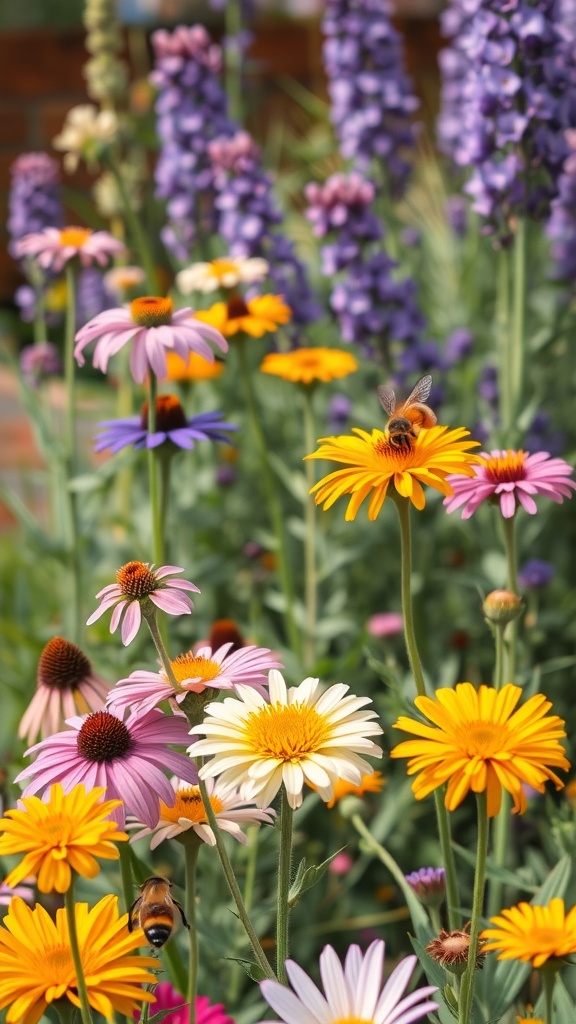 Colorful garden bed filled with various flowers attracting bees.