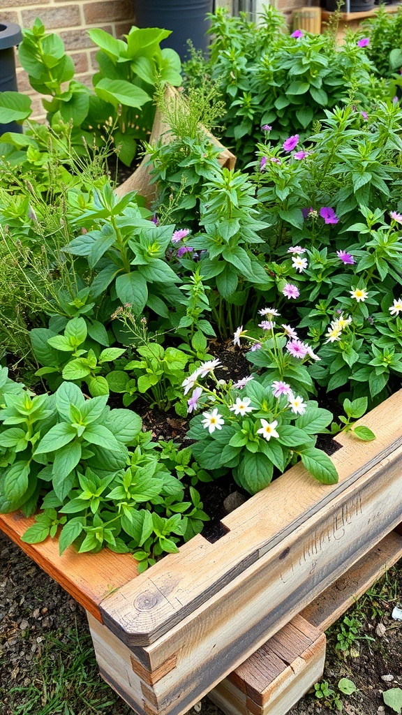 A rustic pallet garden bed filled with various green plants and colorful flowers.