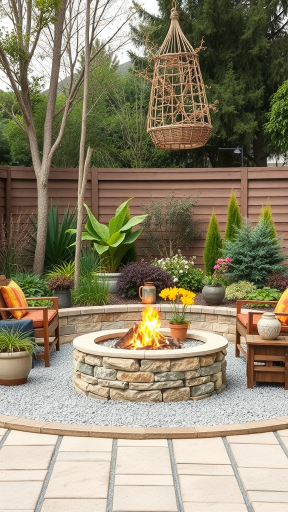 A cozy fire pit garden with seating, plants, and a hanging basket.