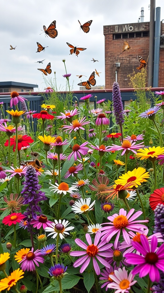 A vibrant wildflower roof garden filled with colorful flowers and butterflies.