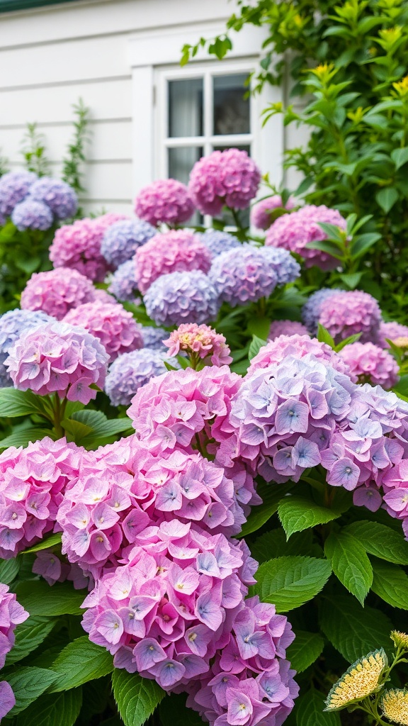 A vibrant display of pink and blue hydrangeas in a cottage garden setting.