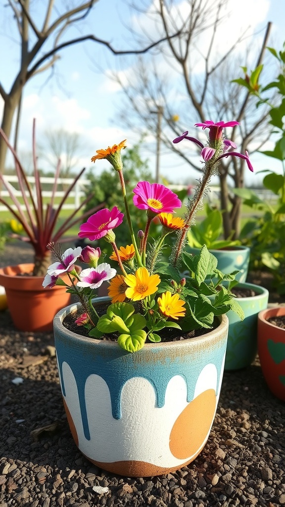 Colorful planter with flowers in a garden setting