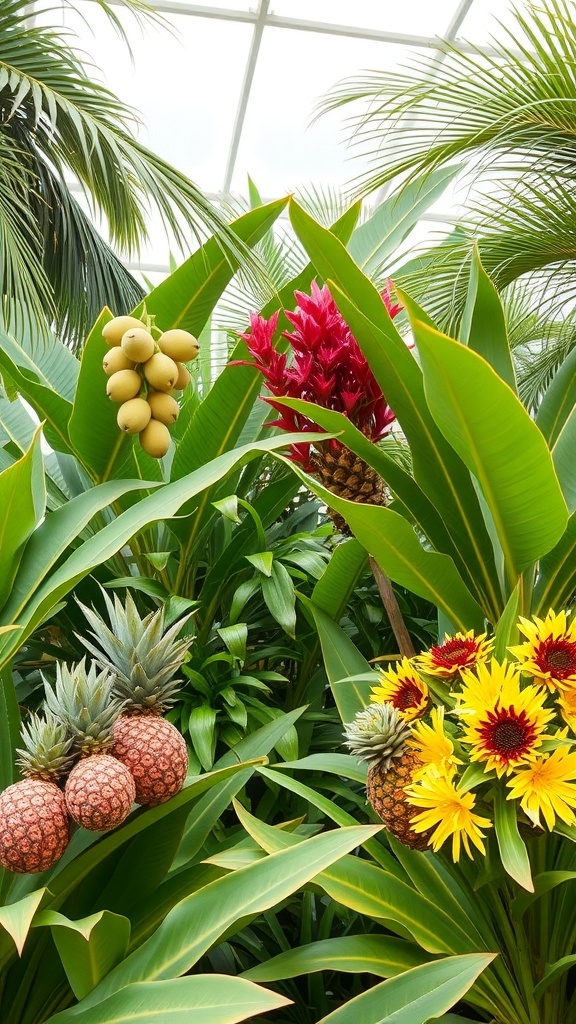 A vibrant tropical garden featuring pineapples, colorful flowers, and lush green leaves.