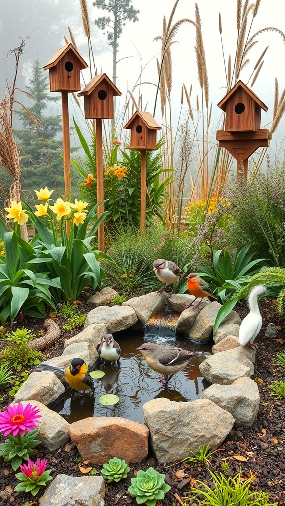 A wildlife-friendly garden with birdhouses, flowers, and a small pond with birds.