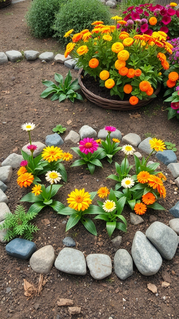 A circular garden bed with colorful flowers surrounded by stones.
