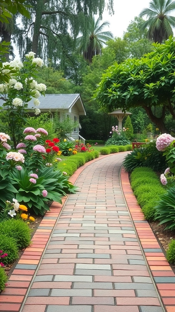 A beautiful brick pathway surrounded by colorful flowers and greenery in a garden.