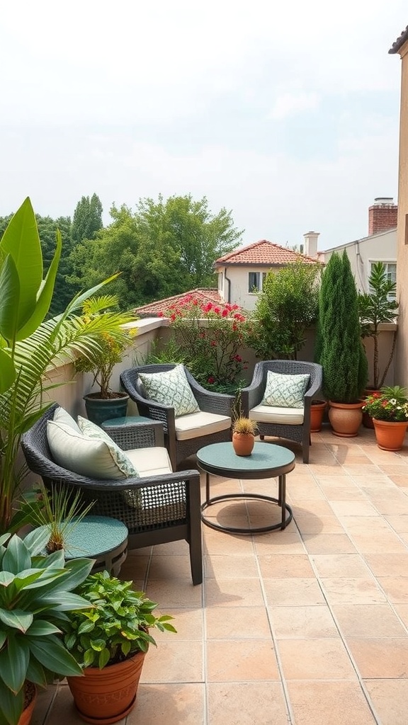 Cozy terrace garden seating area with comfortable chairs and potted plants.