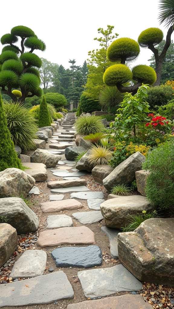 A stone pathway winding through a lush botanical garden with various plants and trees.