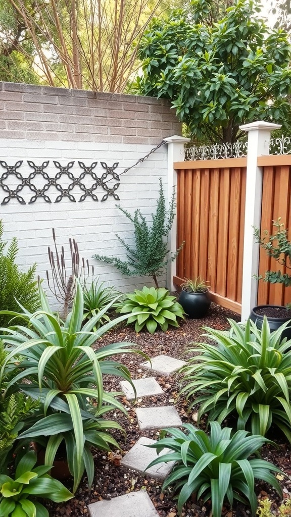 A small garden with a decorative wooden fence, lush plants, and a stone pathway.