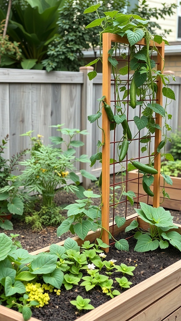 A raised garden bed with a wooden trellis supporting climbing plants, surrounded by various other plants.