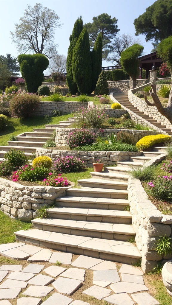 A terraced garden with stone steps, vibrant flowers, and greenery on a slope.