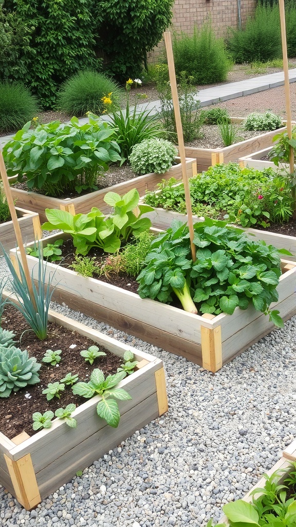 Raised garden beds filled with various plants in a small garden layout