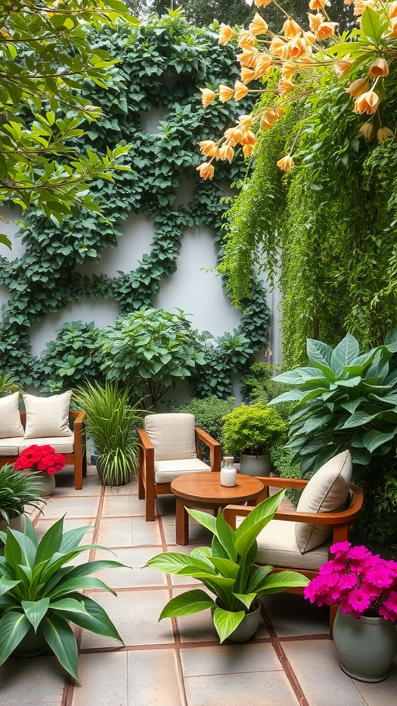 A cozy relaxation zone in a botanical garden with wooden chairs, a table, and vibrant plants.