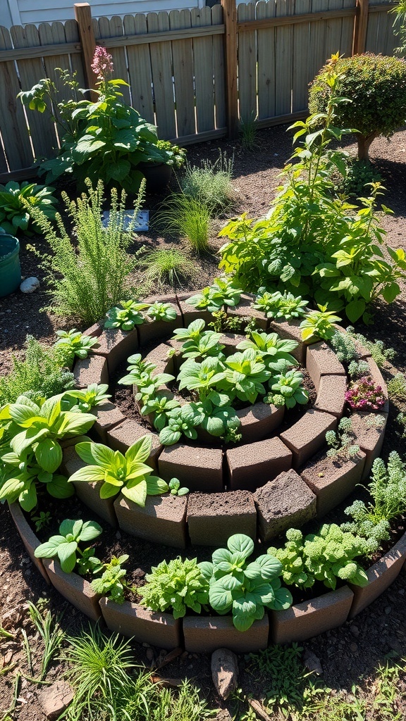 A vibrant herb spiral garden featuring various herbs arranged in a spiral pattern.