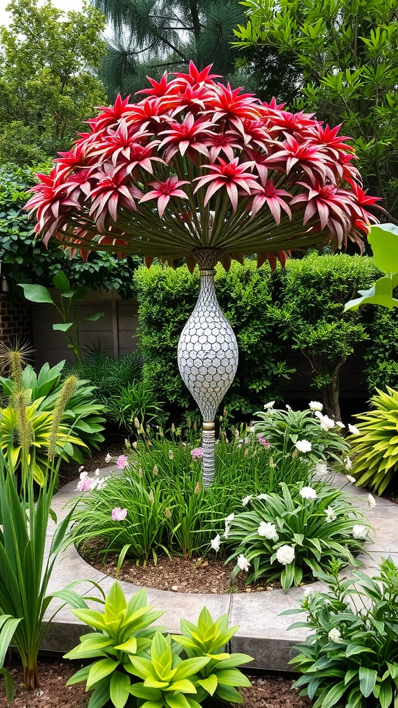 A vibrant garden centerpiece with red flowers and lush greenery.