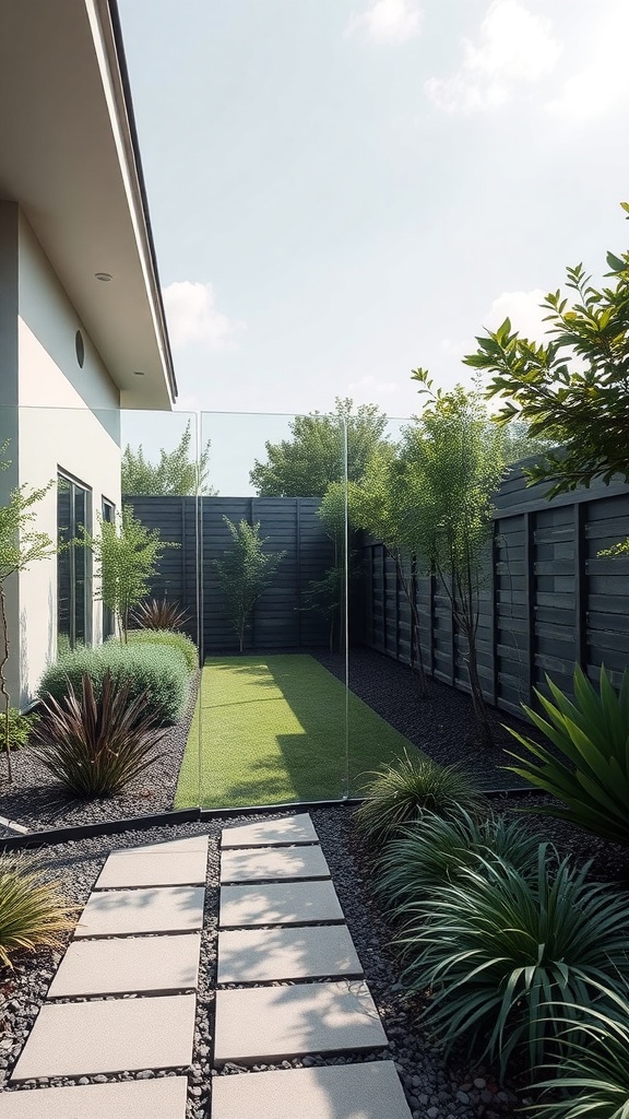 A modern garden with glass panels as a fence, featuring a stone pathway and lush greenery.