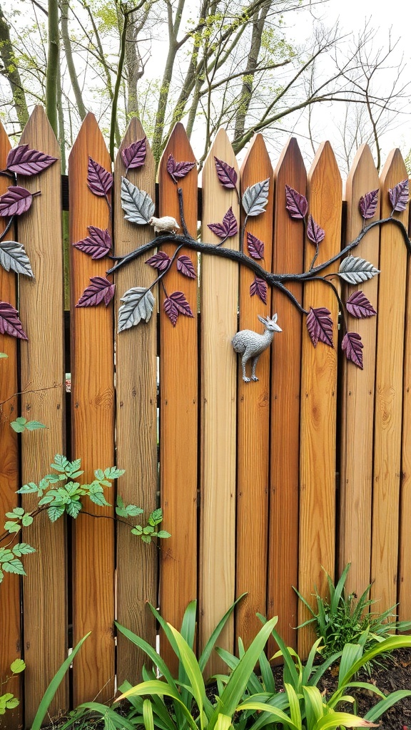 A carved wood fence featuring leaves and an animal design, showcasing nature-inspired art.