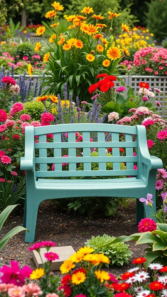 A turquoise recycled plastic garden bench surrounded by colorful flowers.