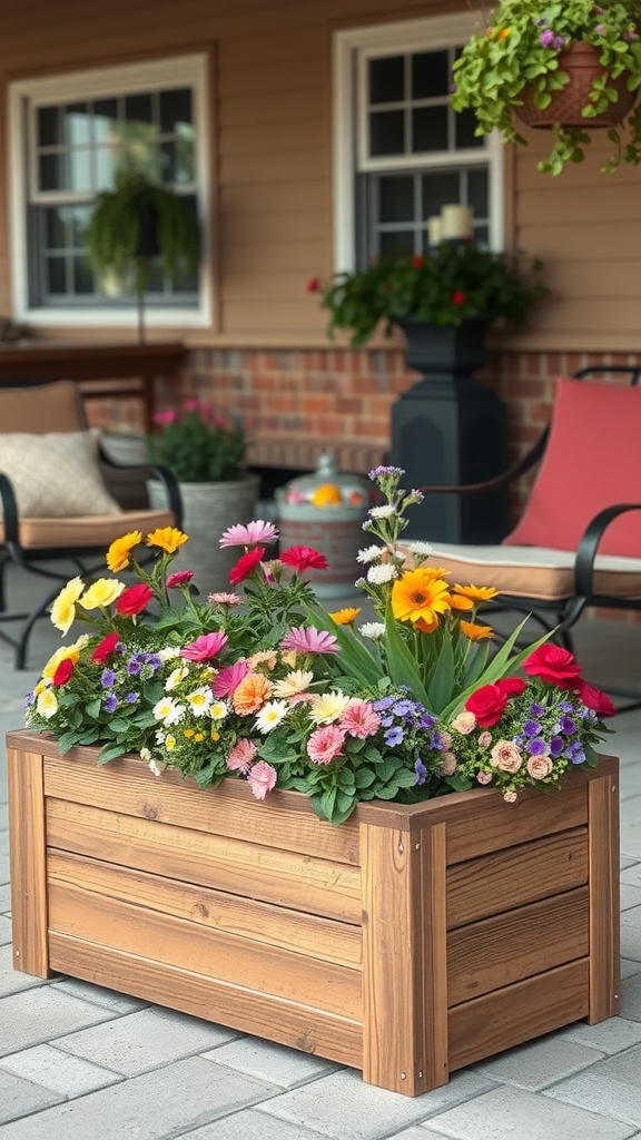 A wooden planter box filled with colorful flowers on a patio.