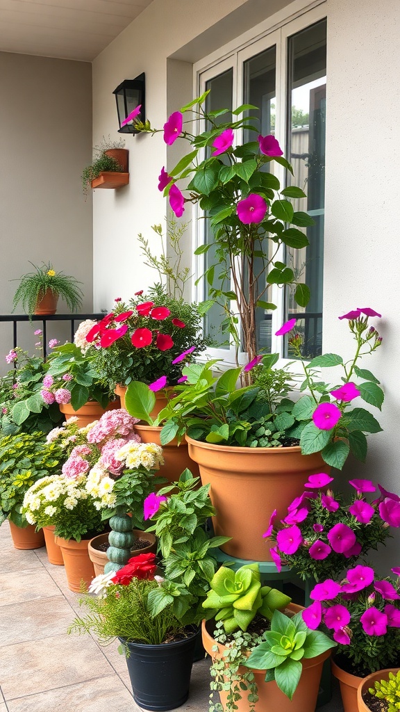 A vibrant container garden filled with colorful flowers and lush greenery on a balcony.