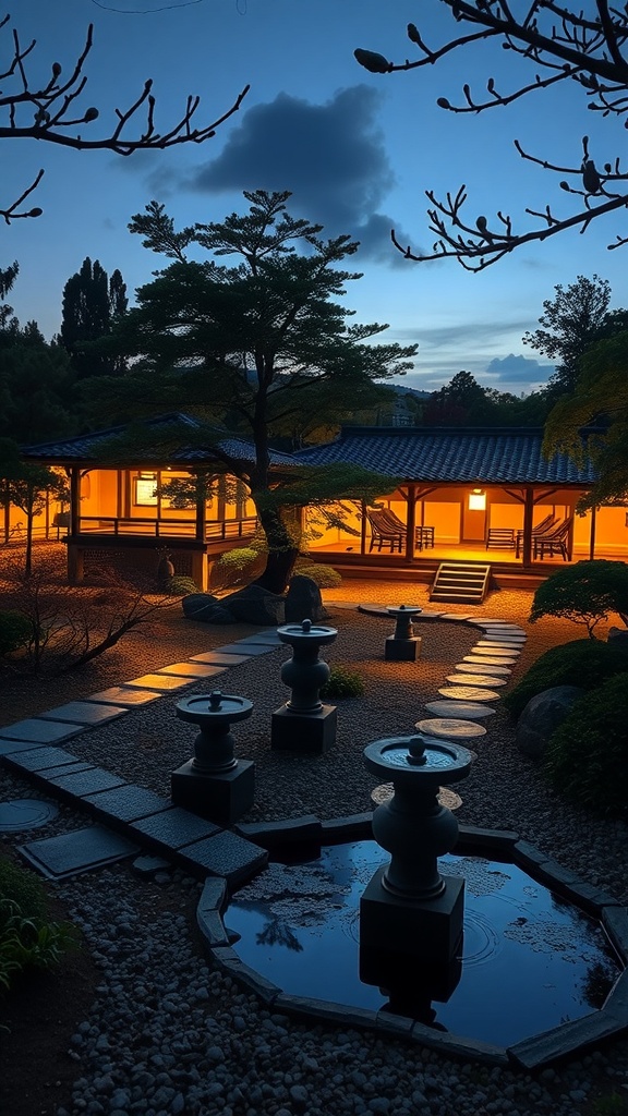 A Japanese garden illuminated at dusk with warm lights and lanterns.