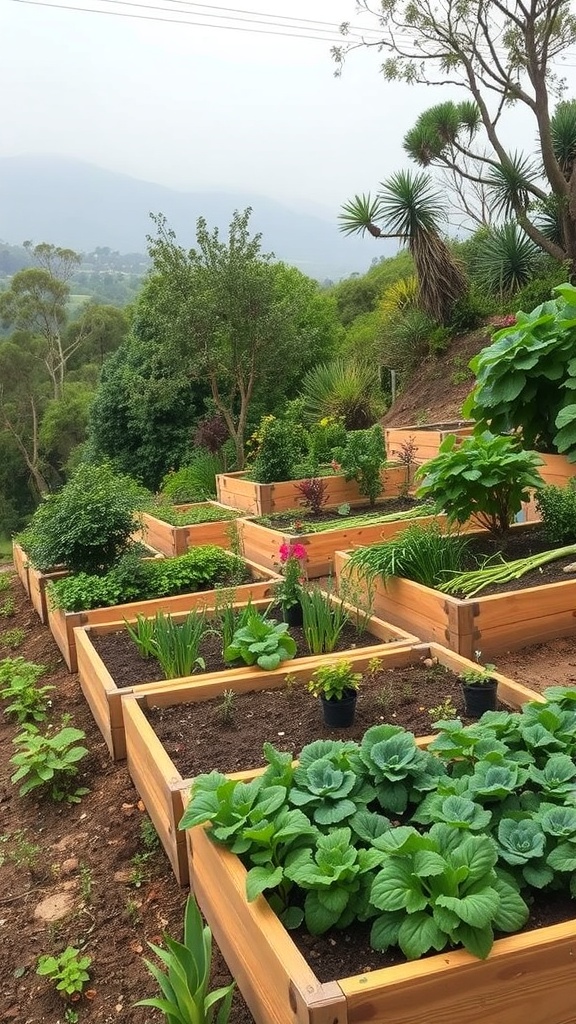 A sloped garden with raised wooden beds filled with various edible plants and flowers.