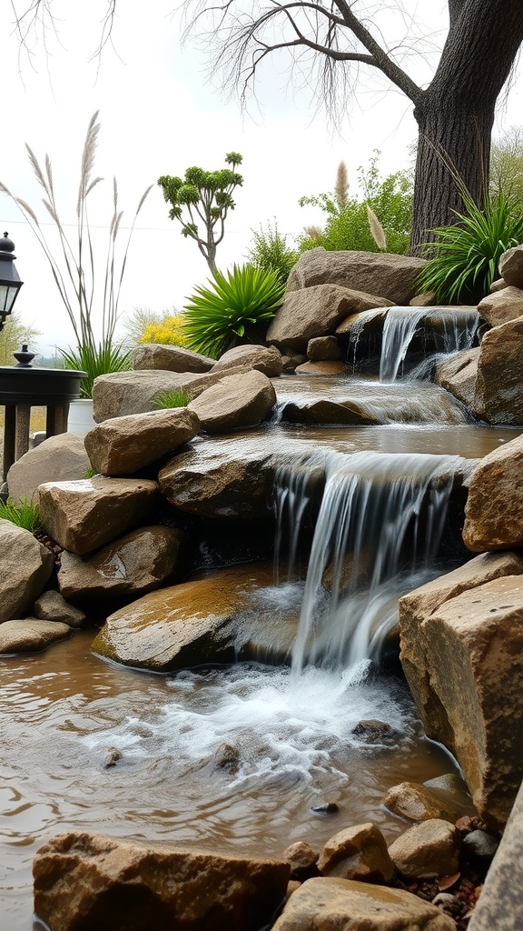 A cascading waterfall over rocks in a sloped garden, surrounded by greenery.