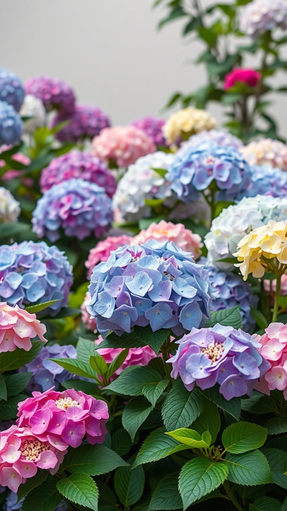 A colorful display of hydrangeas in shades of blue, pink, purple, and yellow.