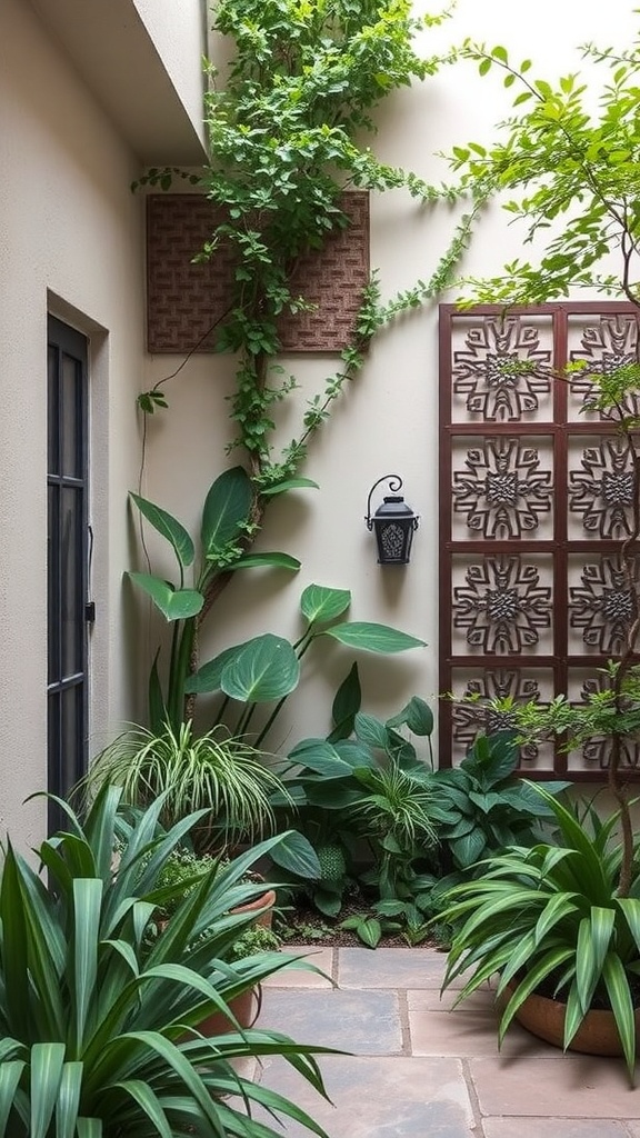 A cozy courtyard garden featuring textured screens, lush plants, and a lantern for lighting.