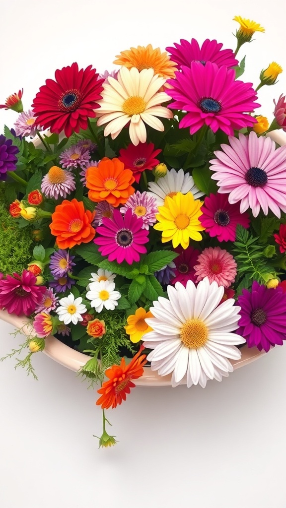 A vibrant dish garden filled with colorful flowers including daisies and gerberas.