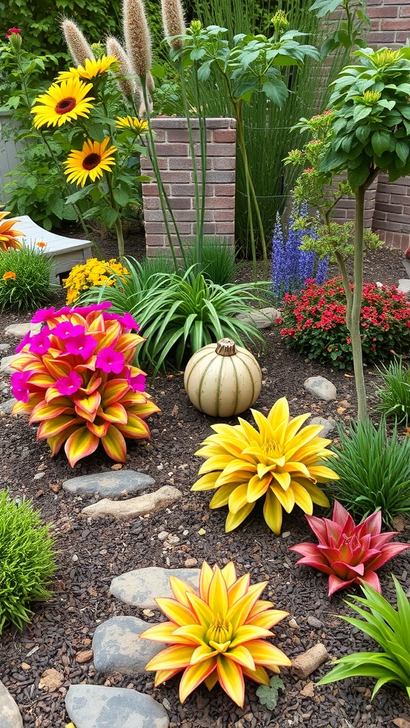 A colorful small garden layout featuring sunflowers, vibrant flowers, and decorative elements.