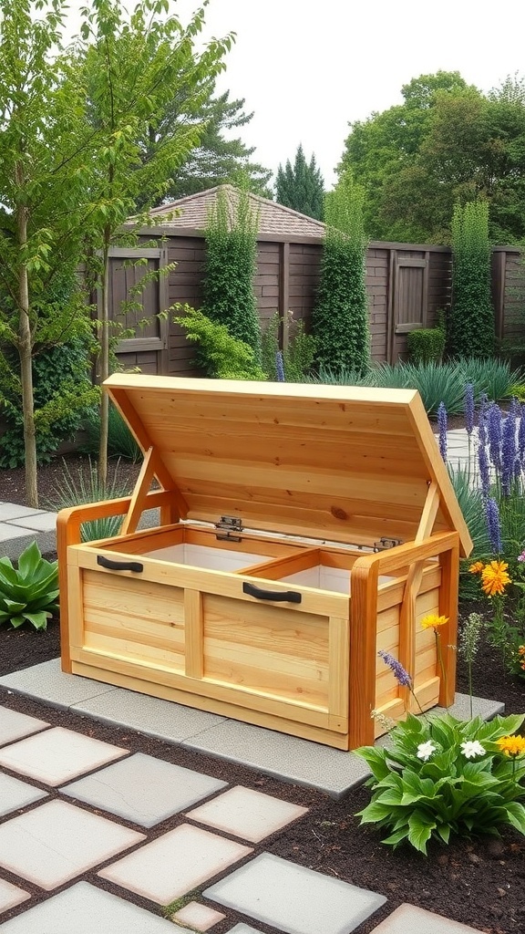 A wooden convertible garden bench with storage, surrounded by plants and flowers.