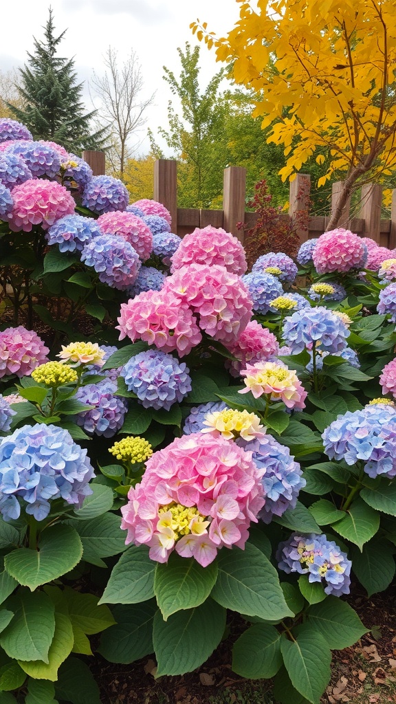 A colorful hydrangea garden with pink and blue flowers, surrounded by green leaves and autumn trees.