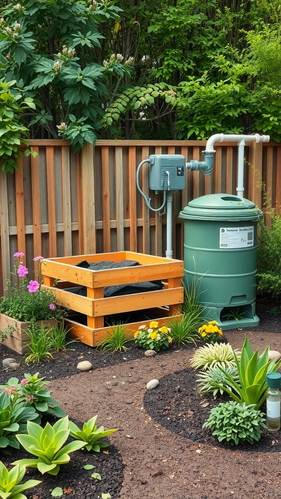 A sustainable garden featuring a rainwater collection system and a wooden compost bin surrounded by various plants.