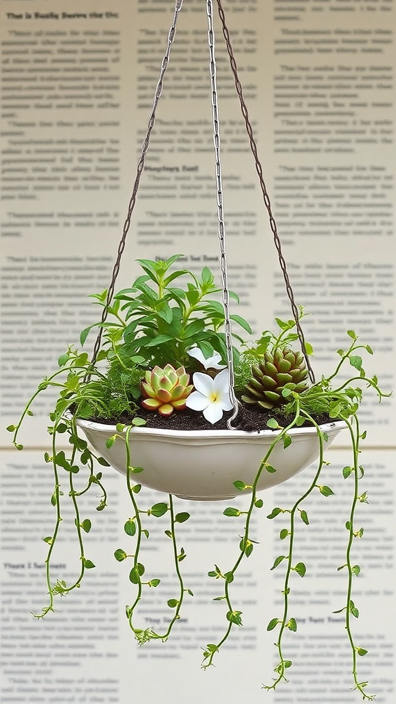 A hanging dish garden featuring succulents and trailing vines in a shallow bowl.