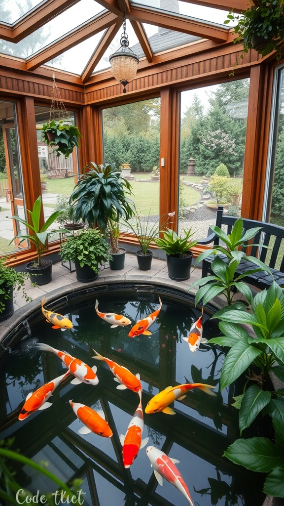 A sunroom featuring a koi pond surrounded by indoor plants.