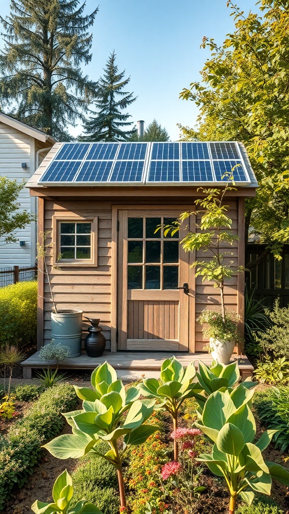 A wooden garden shed with solar panels on the roof, surrounded by greenery and flowers.