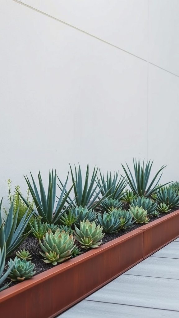 A garden bed edged with corten steel, featuring a variety of succulents.